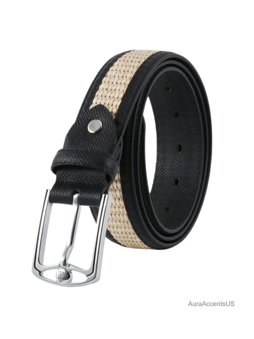 Leather & Woven Fabric Golf Belt with Silver Pin Buckle